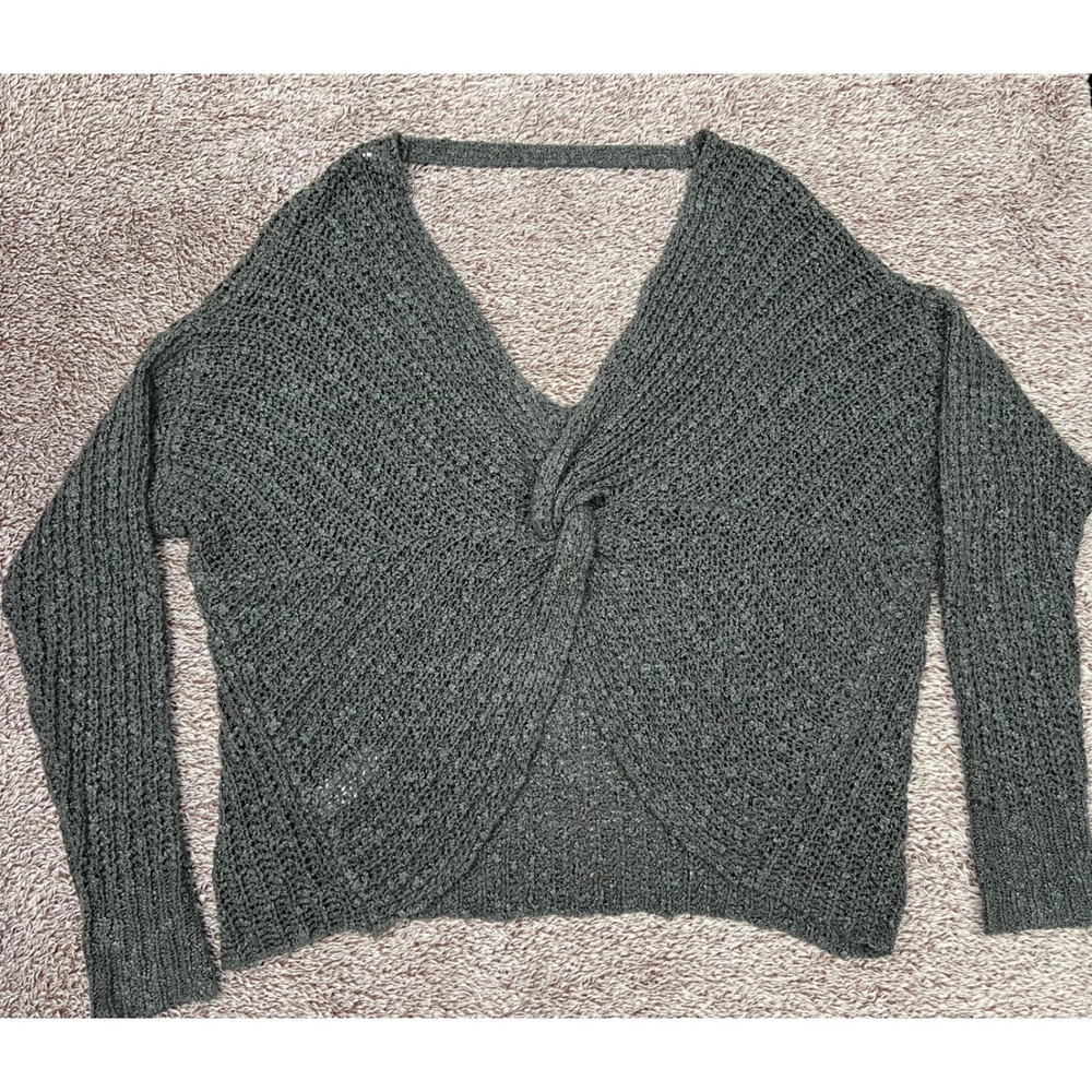 Glam M/L Charcoal Gray Open Back Twist Knit Sweater V Neck Boho Pullover
